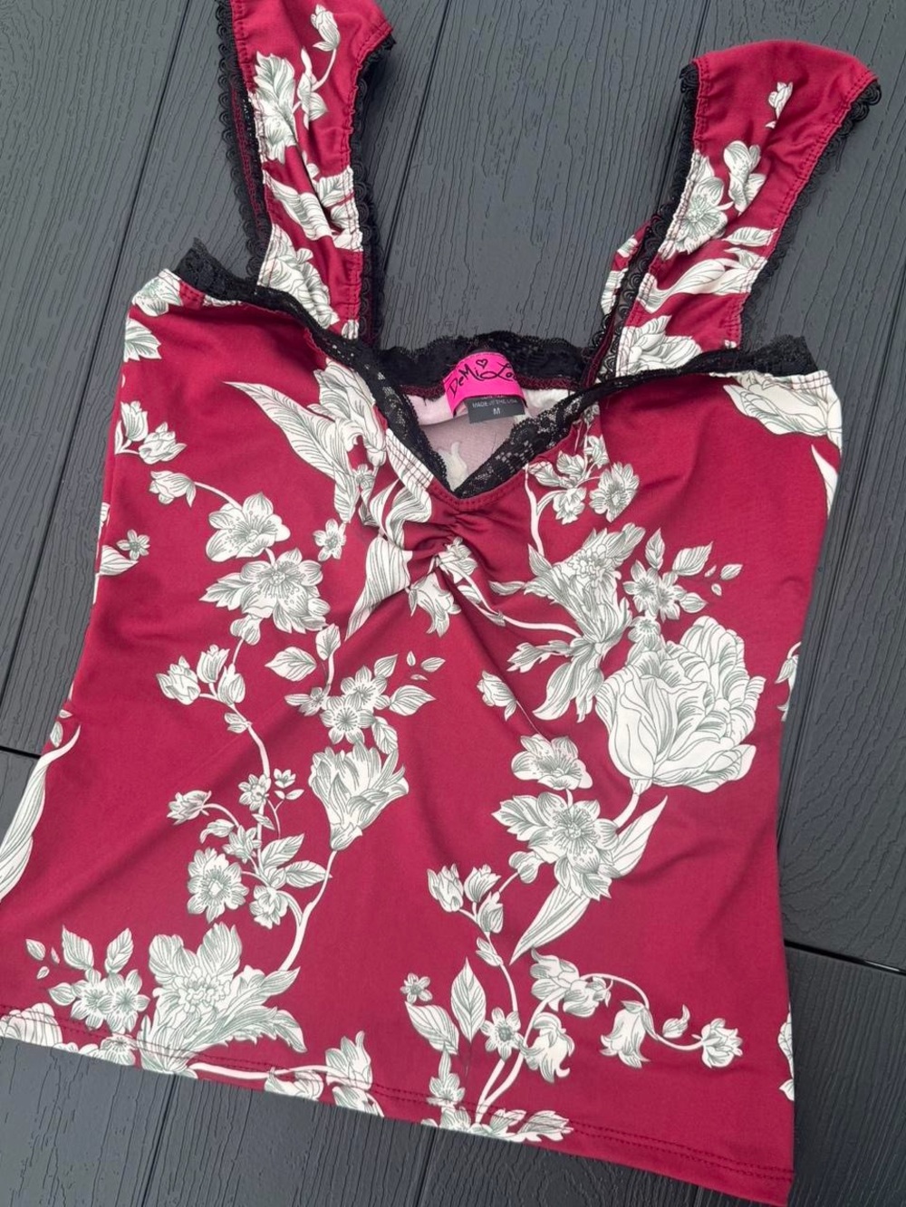 DeMi Loon y2k red floral tank top with black lace trim